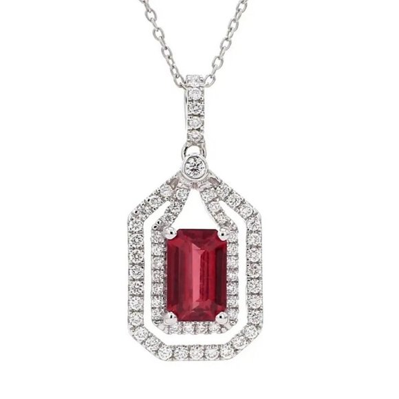 🎁 Double Layer Hollow Ruby Radiant Cut Red Zircon Micro Pave Necklace, EVGG1067 - Picture 1 of 7